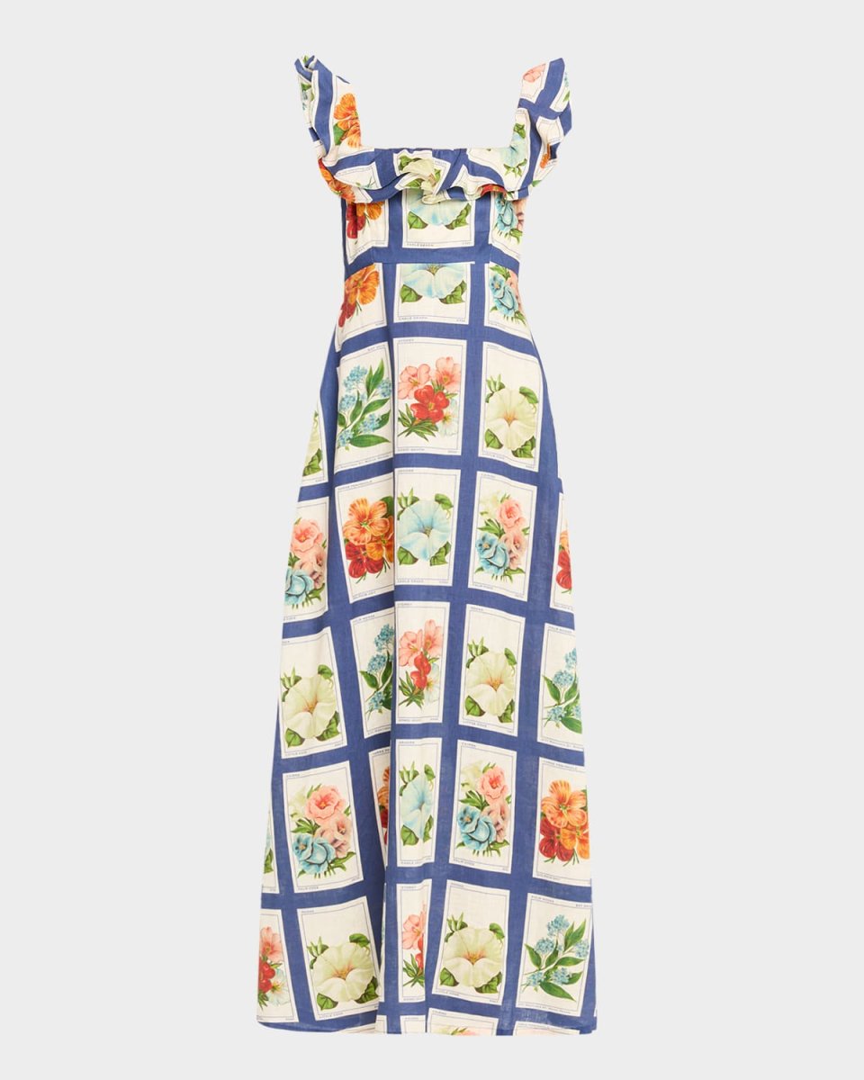 Ruffle-Trim Vintage Botanical Linen Maxi Dress